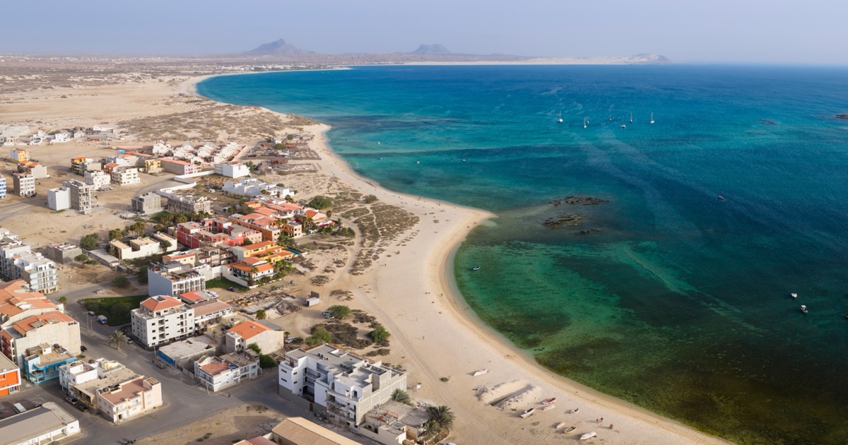 Aerial view of Sal Rei, Boa Vista, with the town, sandy beaches and Atlantic coastline