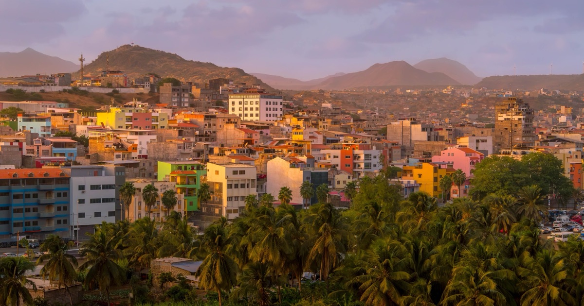 Colourful residential neighbourhoods of Praia, Santiago, with mountains in the background
